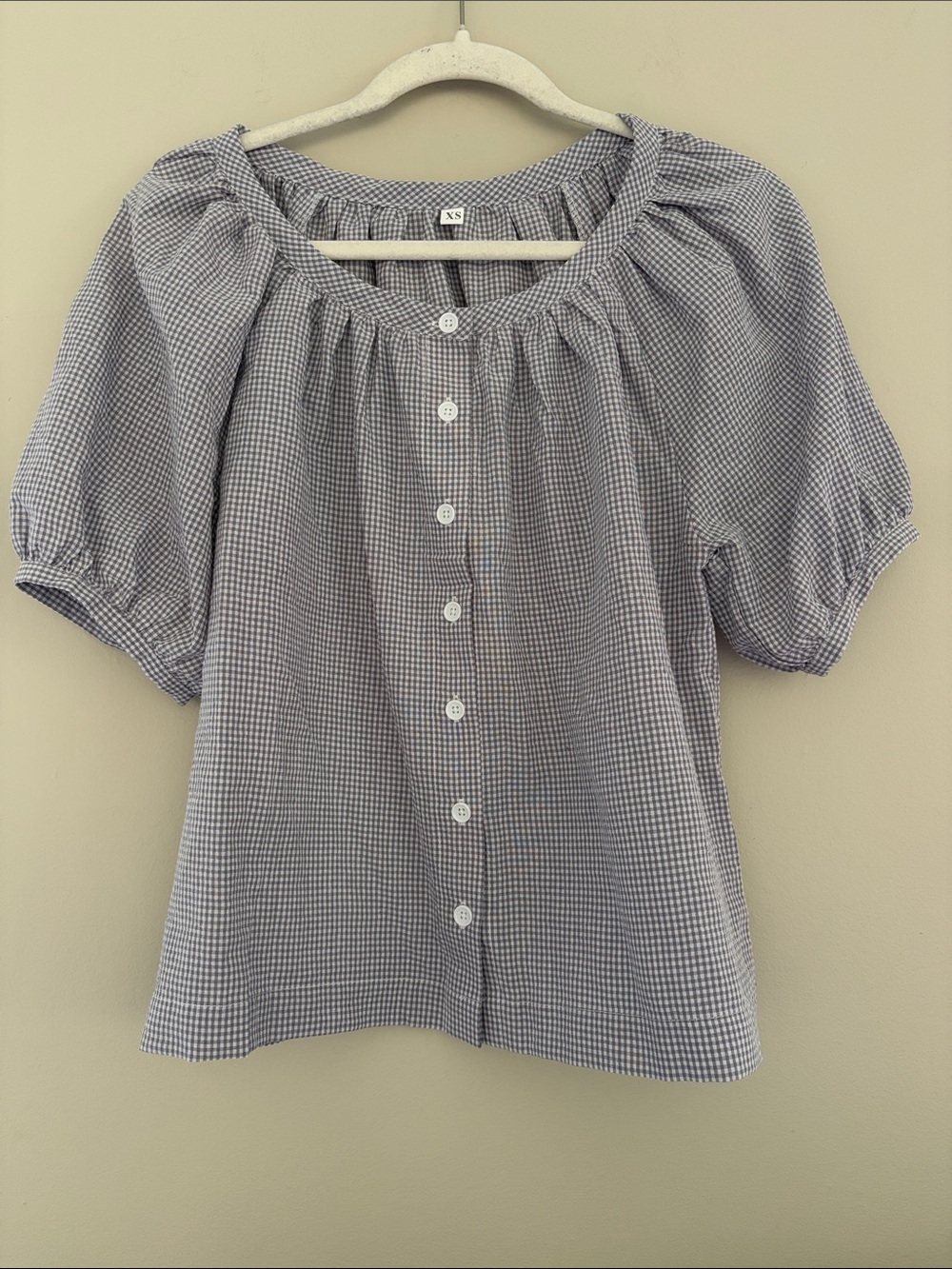 Tanming Gray Plaid Puff Short Sleeve Shirt Button Down XS